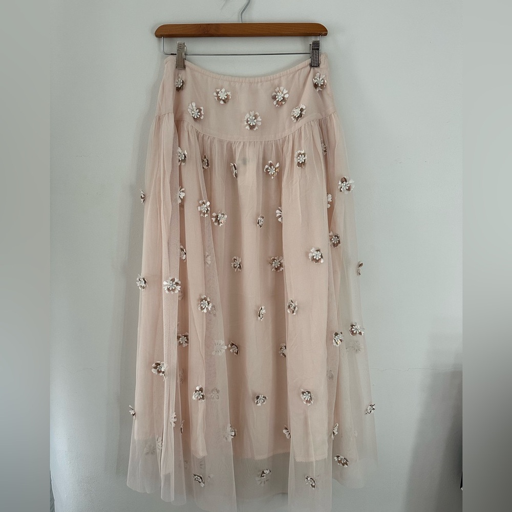 Anthropologie Cream Embellished Midi Skirt